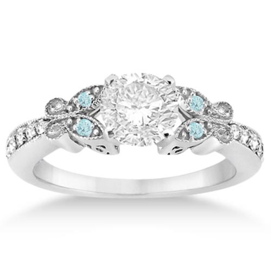 Butterfly Diamond and Aquamarine Engagement Ring 14k White Gold 1.20ctw