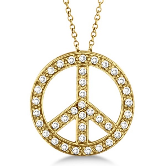 Diamond Peace Sign Pendant Necklace 14k Yellow Gold 0.50ctw