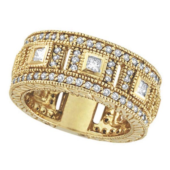 Round and Princess Eternity Diamond Byzantine Ring 14k Yellow Gold 1.72ctw