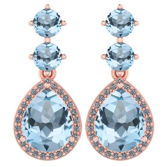 Certified 5.17 Ctw Aquamarine And Diamond 14k Rose Gold Halo Dangling Earrings