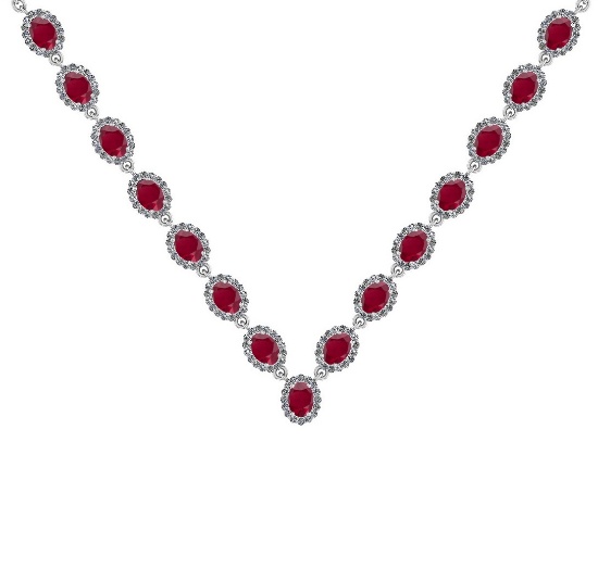 37.75 Ctw SI2/I1 Ruby And Diamond 14K White Gold Victorian Style Necklace