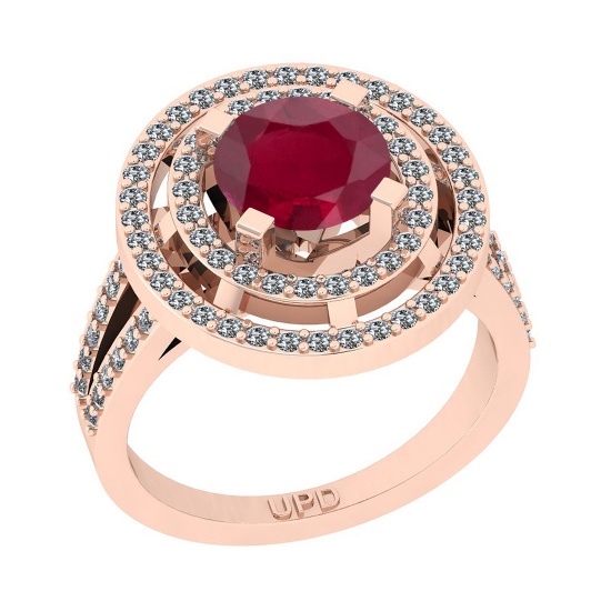 2.10 Ctw SI2/I1 Ruby And Diamond 14K Rose Gold 2 Row Engagement Halo Ring