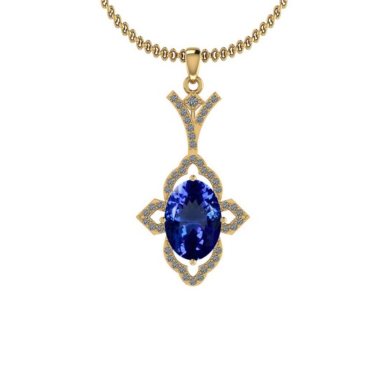 Certified 5.58 Ctw VS/SI1 Tanzanite And Diamond 14K Yellow Gold Vintage Style Necklace