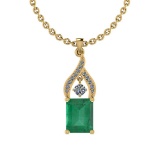 Certified 3.20 Ctw Emerald and Diamond I2/I3 14K Yellow Gold Victorian Style Pendant Necklace