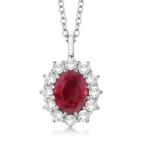 Oval Ruby and Diamond Pendant Necklace 14k White Gold 3.60ctw