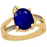 2.54 Ctw I2/I3 Blue Sapphire And Diamond Style Prong Set 14K Yellow Gold Ring