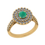 1.30 Ctw SI2/I1 Emerald And Diamond 14K Yellow Gold two Row Engagement Halo Ring