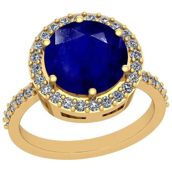 3.99 Ctw I2/I3 Blue Sapphire And Diamond Style Prong Set 14K Yellow Gold Ring