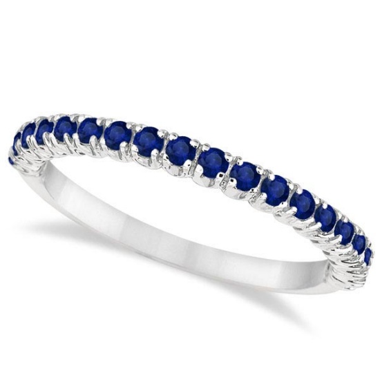 Half-Eternity Pave Thin Blue Sapphire Stack Ring 14k White Gold 0.65ctw