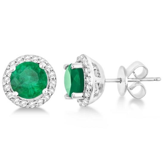 Ladies Emerald and Diamond Halo Stud Earrings in 14k white gold 1.77ctw