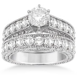 Antique style Diamond Wedding and Engagement Ring Set 14k White Gold 2.15ctw