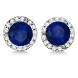 Diamond and Blue Sapphire Earrings Halo 14K White Gold 1.15tcw
