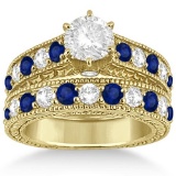 Antique style Diamond and Sapphire Bridal Ring Set 14k Yellow Gold 2.87ctw