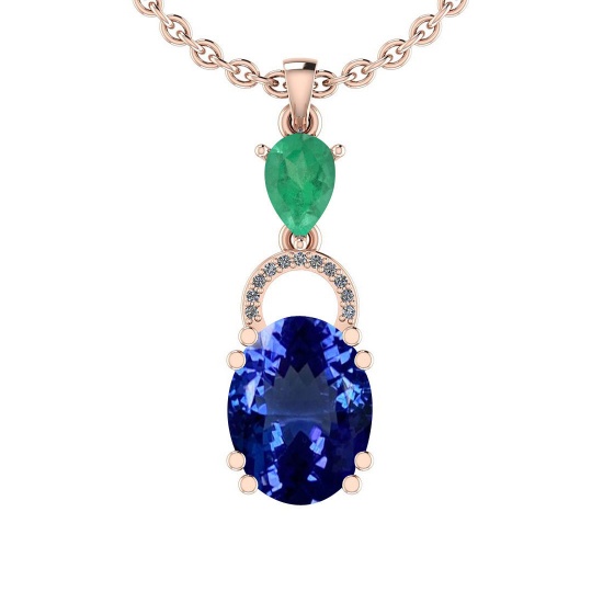 Certified 5.36 Ctw VS/SI1 Tanzanite,Emerald And Diamond 14K Rose Gold Vintage Style Necklace