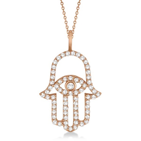 Diamond Hamsa Evil Eye Pendant Necklace 14k Rose Gold 0.51ctw