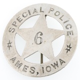 AMES IOWA SPECIAL POLICE STAR BADGE NO. 6