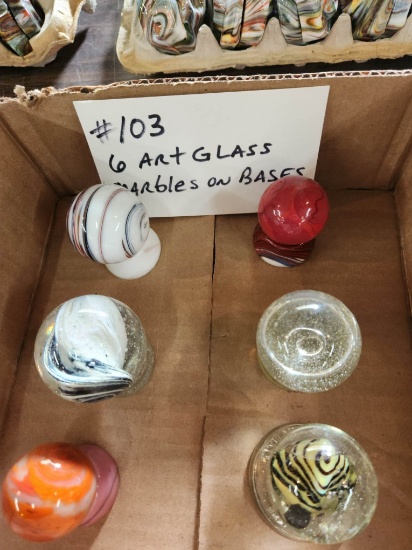 LOT OF 6 ART GLASS MARBLES ON BASES