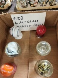 LOT OF 6 ART GLASS MARBLES ON BASES