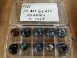 LOT OF 10 ART GLASS MARBLES IN CASE