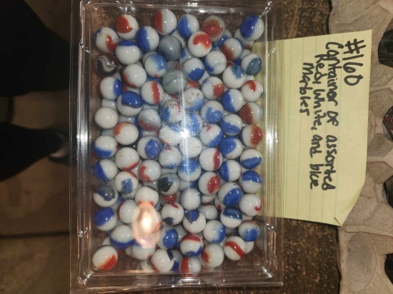 Container of Assorted Red White & Blue marbles