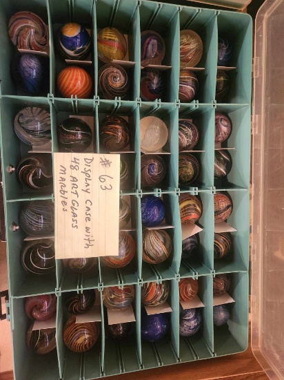 Display case with 48 Art Glass marbles