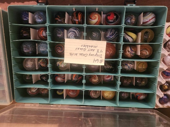 Display case with 48 Art Glass marbles