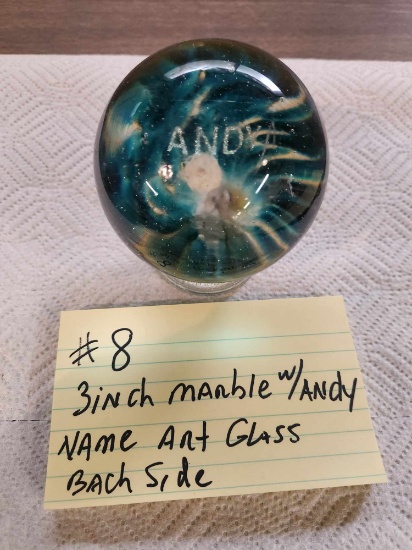 3 Inch Art Glass marble with the Name Andy