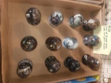 Tray of 12 Art glass marbles with Emb bases