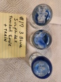 3 Blue Sulphide marbles a President an Eagle & Train