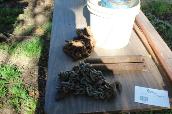 Log chains, pipe clamps, electric motor, window weights, and misc