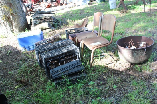 Cast iron wash tub, vintage metal chairs, planters, and misc