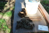 Log chains, pipe clamps, electric motor, window weights, and misc