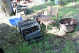Cast iron wash tub, vintage metal chairs, planters, and misc