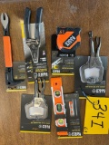 Klein Clamps, Level, Tape Measure, Wire Strippers, and Nail Puller (x6)