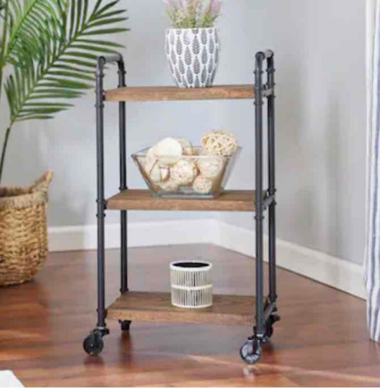 Style Selection Black Steel Base with Wood Top Rolling Kitchen Cart