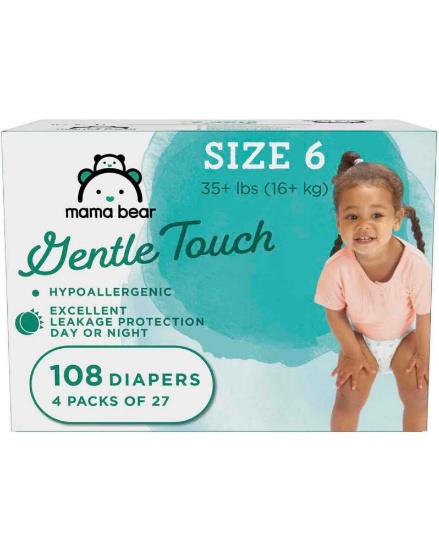 Amazon Brand - Mama Bear Gentle Touch Diapers, Hypoallergenic, Size 6, 108 Count (4 packs of 27)