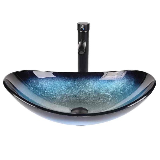 Elecwish 14'' Blue Tempered Glass Oval Vessel Bathroom Sink with Faucet