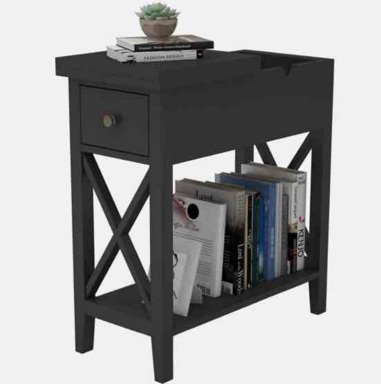 Convenience Concepts Tucson Flip Top End Table with Charging Station and Shelf, Electric, Black