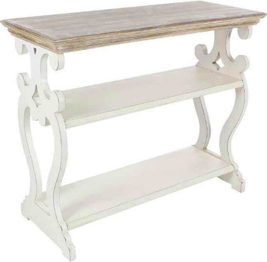 Deco 79 Wood Scroll Side Frames 2 Shelf Console Table with Brown Wood Top
