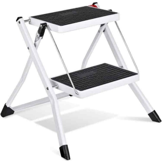DELXO Step Stool Folding 2 Step Ladder Heavy Duty Steel Sturdy Wide Pedal Lightweight Anti-Slip