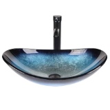 Elecwish 14'' Blue Tempered Glass Oval Vessel Bathroom Sink with Faucet