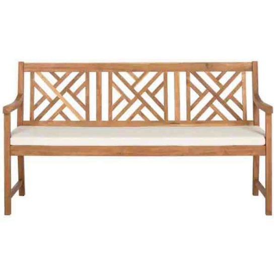 SAFAVIEH Bradbury 60.6 in. 3-Person Teak Brown Acacia Wood Outdoor Bench with Beige Cushions