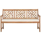 SAFAVIEH Bradbury 60.6 in. 3-Person Teak Brown Acacia Wood Outdoor Bench with Beige Cushions