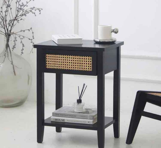 MaxSmeo Black Nightstand with Rattan Drawer