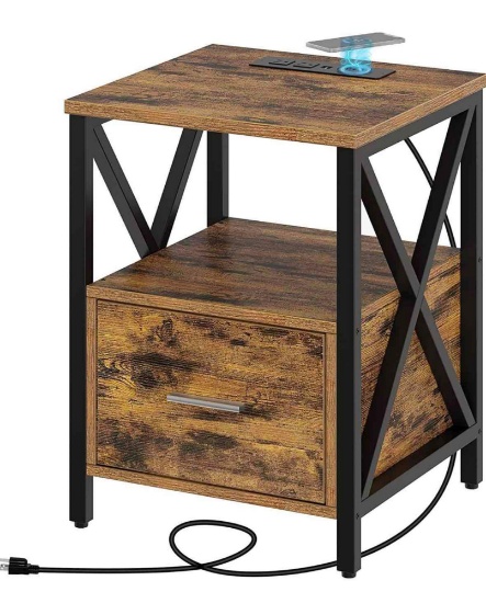 Rolanstar End Table with Wireless Charging Station, Nightstand with Power Outlet & USB Ports