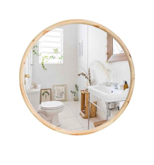 Circle Wooden Wall Mirror, 24 inch Round Natural Wood Mirror Large Rustic Farmhouse Decor Mirror for