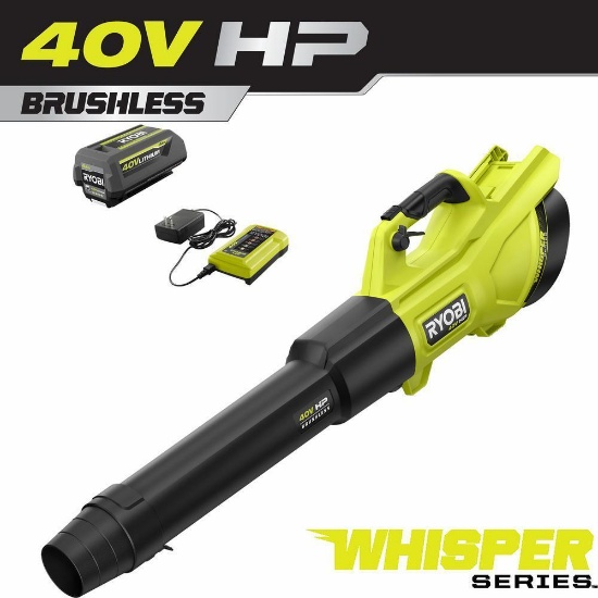 RYOBI 40V HP Whisper Series 155 MPH 600 CFM Cordless Leaf Blower w/ 4.0 Ah Battery and Charger