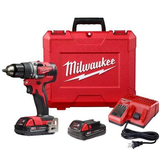 Milwaukee 18V M18 Lithium-Ion 1/2" Compact Drill/Driver Kit w/ 2 Batteries, Charger, & Tool Bag