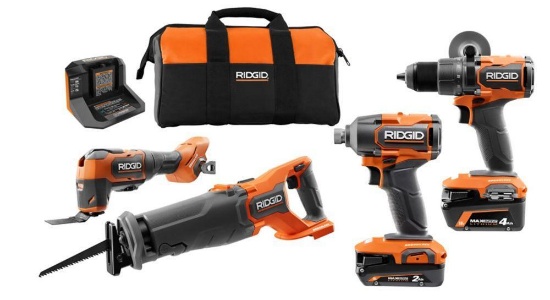 RIDGID 18V 4-Tool Combo Kit with (1) 4.0 Ah and (1) 2.0 Ah MAX Batteries, 18V Charger, and Tool Bag