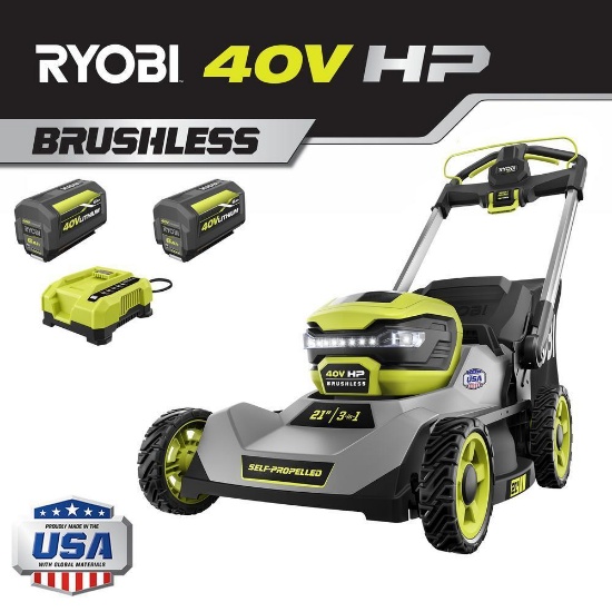 RYOBI 40V HP 21" Walk Behind Self-Propelled Lawn Mower w/ 2 Batteries & Charger